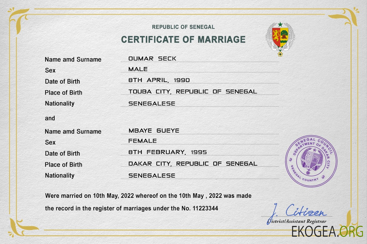 Modèle PSD de certificat de mariage au Sénégal